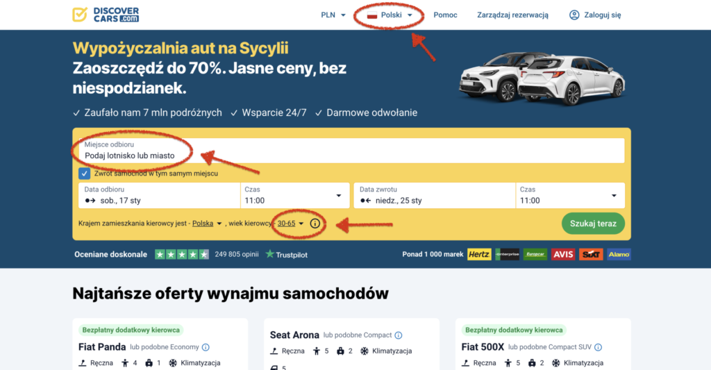 Krok 1 - wybranie miejsca i daty wynajmu