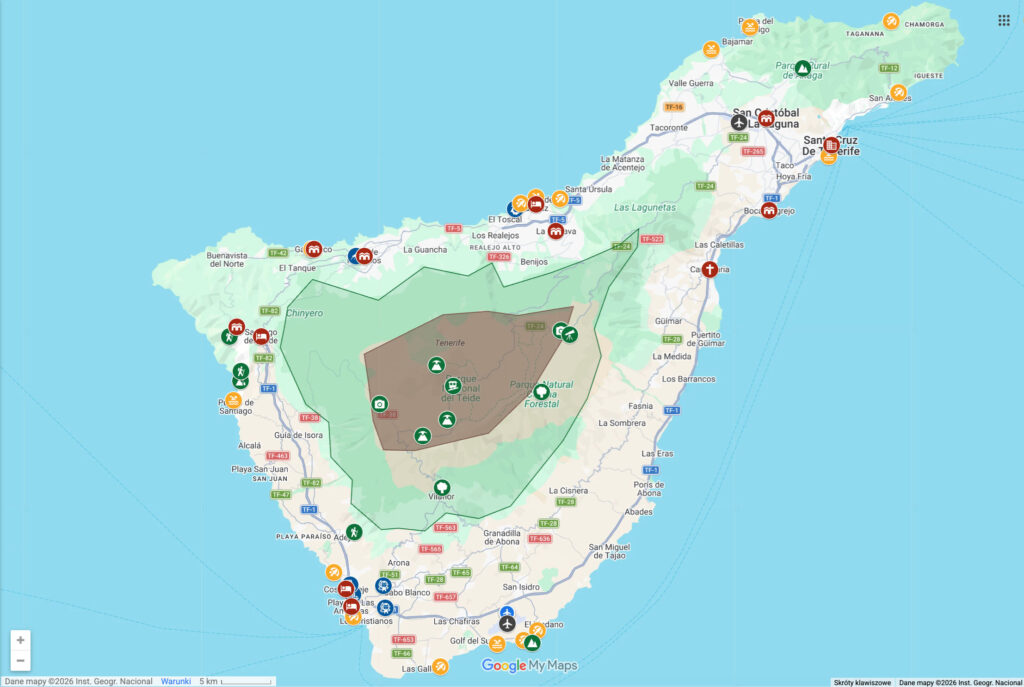 Mapa atrakcji, które warto zobaczyć podczas objazdówki autem po Teneryfie